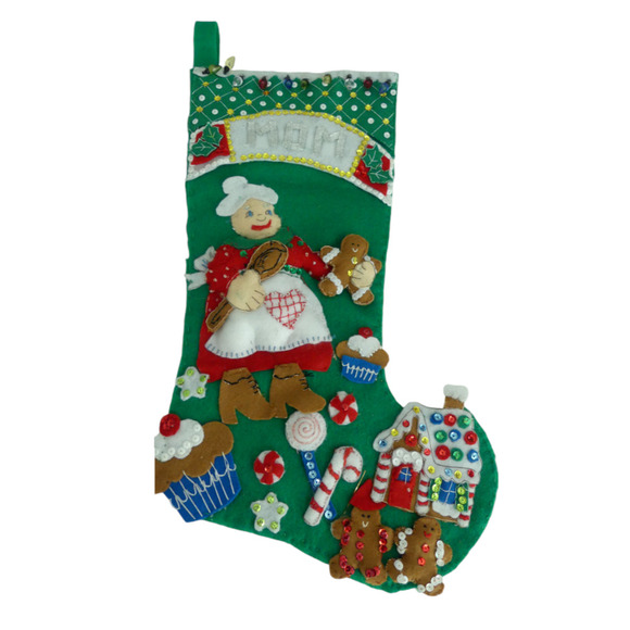 Vintage Handmade Felt Baking MOM Christmas Stocking Sequins Beads Candy House - Picture 1 of 7